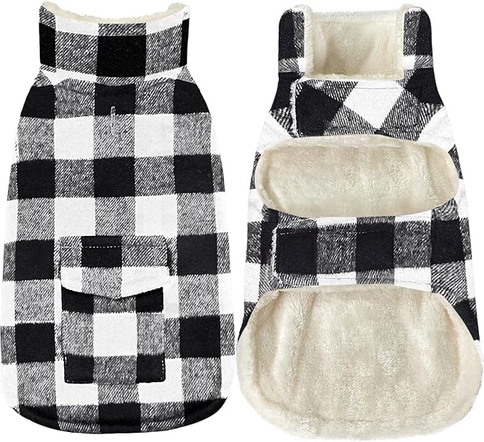 Malier Classic Plaid Fleece Dog Coat Jacket with Pocket, Windproof Warm Vest Winter Pet Clothes Apparel for Small Medium Large Dogs (White, X-Large)
