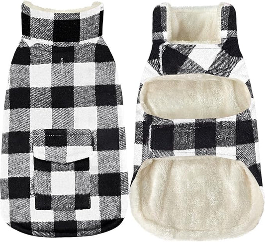 Malier Classic Plaid Fleece Dog Coat Jacket with Pocket, Windproof Warm Vest Winter Pet Clothes Apparel for Small Medium Large Dogs (White, X-Large)