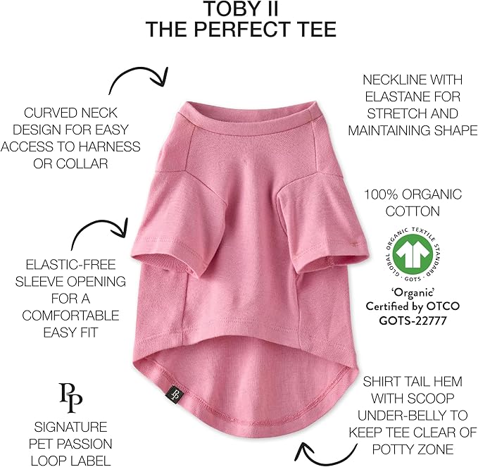 Toby II - The Perfect Tee, 8 Pack Short Sleeve Pet T-Shirt 100% Organic Cotton Tees Clothes for Small, Medium, Large Dogs, Rainbow Pink, Large