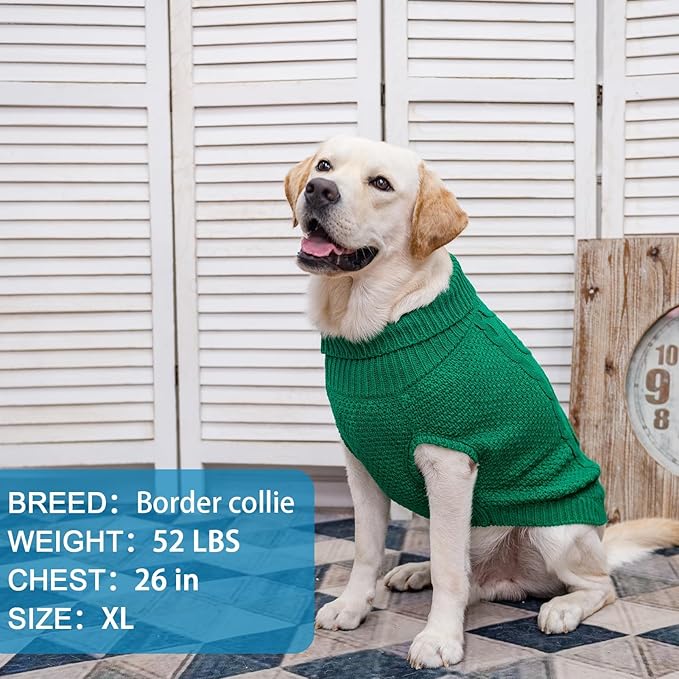 Mihachi Turtleneck Dog Sweater - Winter Coat Apparel Classic Cable Knit Clothes with Leash Hole for Cold Weather, Ideal Gift for Pet in New Year Green X-Large