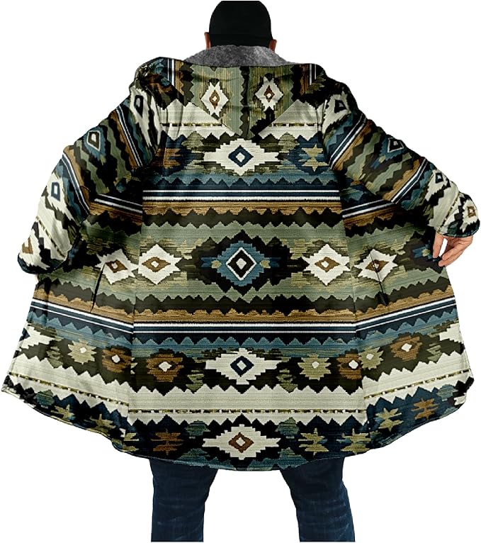 Mens Aztec Print Hoodie Heavyweight Cotton Fleece Jacket Zip Up Warm Long Sleeve Hooded Winter Midi Coat