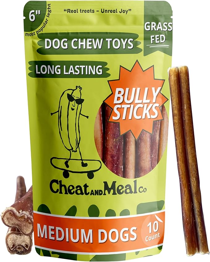 Bully Sticks for Medium Dogs, (6 Inch, 10 Count), Dog Chew Toy, Long-Lasting, 100% Grass-Fed Beef Pizzle for Medium and Large Dogs - Rawhide-Free