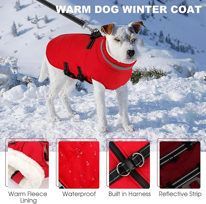 Medium Dog Coat with Harness Built-in, Waterproof Reflective Fleece Lined - Warm Windproof Winter Jacket with Back Zipper, Cold Weather Snow Dog Coats - Red - M