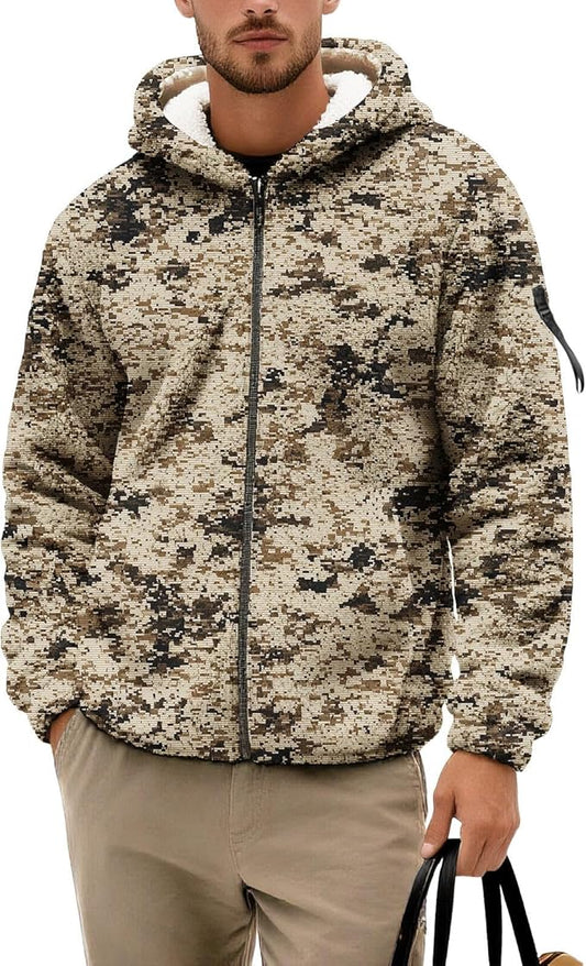 Men's Camouflage Hunting Fleece Lined Hoodie Camo Jackets Zip Up Long Sleeve Casual Winter Coats Hood Outerwear
