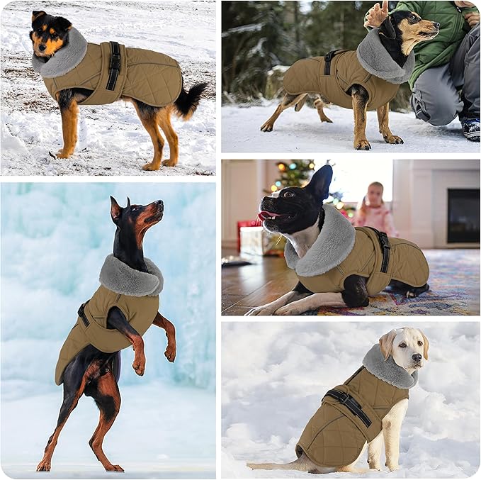 Dog Coat, Waterproof Dog Winter Jacket with Adjustable Buckle, Reflective Turtleneck Pet Snow Vest Warm Fleece Sweater for Small Medium Large Dogs - Khaki, XL