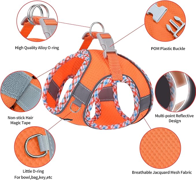 AIITLE XXS Dog Harness & Leash Set - Breathable Reflective No-Choke Small Dog Harness for Teacup Puppies, Indoor/Outdoor Use - Boston Terrier, Maltese, Chihuahua (Orange, XXS)