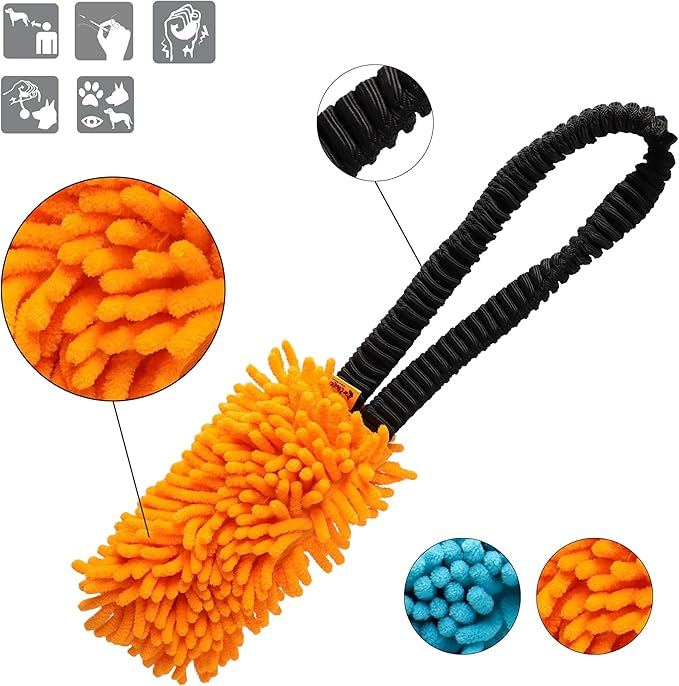 Dingo Shaggy tug Toy for Dog, nuby Noodle Plush, tug of war, Outdoor Play, Dog Training, Agility, Bungee Handle 9-18in, Orange