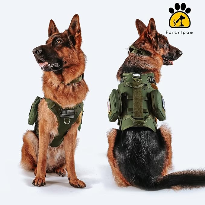 Forestpaw Dog Harness Medium Sized,Tactical Dog Harness with Handle,No Pull Military Style Service Dog Vest with Pockets Adjustable for Medium Large Dogs,Green,Chest 21.5-45"