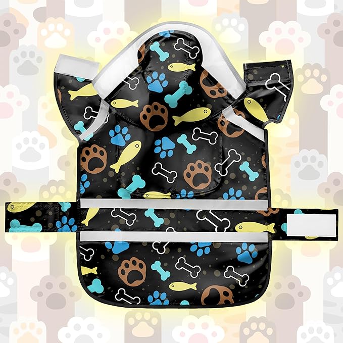Dog Raincoat, Adjustable Rain Jacket with Hooded Double Layer for Large Medium Small Dogs Puppies, Lightweight Waterproof Rain Coat Poncho with Reflective Stripe Paw Print Black,L