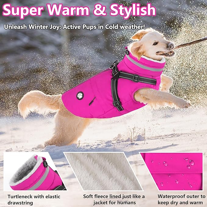 Dogcheer Dog Coat with Harness, Waterproof Dog Jacket Christmas Pet Winter Coat with Pockets, Reflective Doggy Turtleneck Fleece Jacket for Small Medium Large Dogs - Pink, 3XL