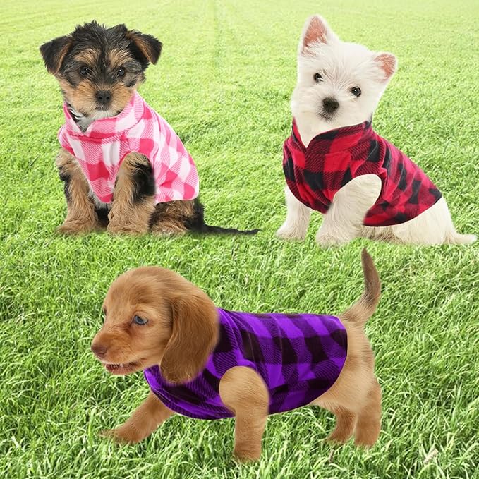 KAMA BRIDAL 3 Pack Dog Coat - Spring, Autumn, Winter - Fleece Vest for Cats & Dogs - Small & Medium - Blue & Black Plaid, Red, Pink, Purple Plaid (XS)