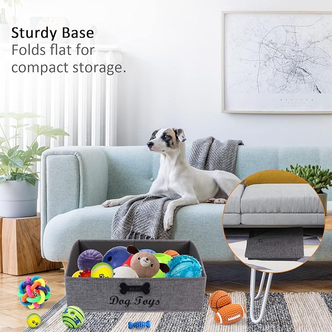 Large Dog Toy Basket Collapsible Dog Toy Box Fabric Trapezoid Dog Toy Bin Storage for organizing pet Toys/Blankets/leashes/Rope Toys/Clothing-Can be Personalized-Gray