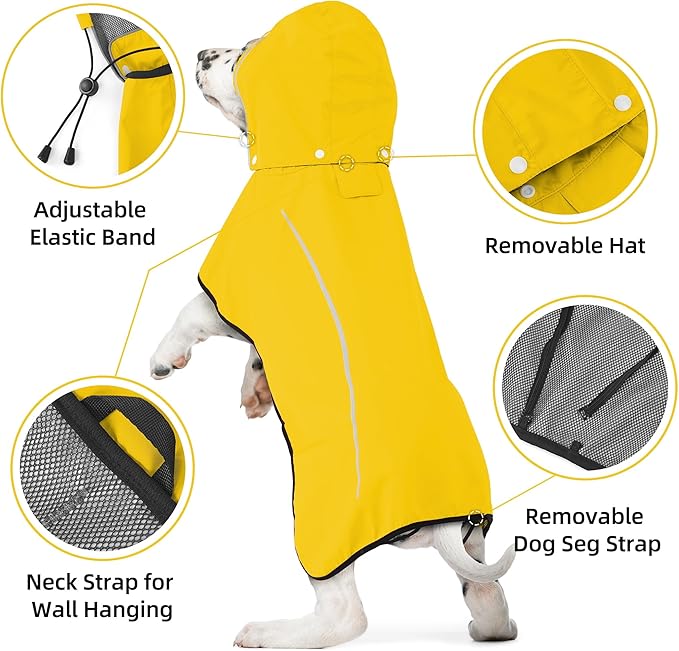 Mile High Life Dog Raincoat, Adjustable Waterproof Pet Rain Jacket, Reflective Hooded Poncho for Small Medium Large Dogs, Lightweight Breathable Pet Rain Coat (Yellow,L Chest 26"-33")