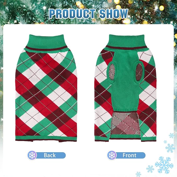 KOOLTAIL Dog Christmas Sweater Pet Knitted Clothes - Classic Plaid Pull Over Turtleneck Dog Sweaters with Leash Hole Warm Dogs Winter Clothing for Small Medium Dogs Cats Puppy (Green & Red M)