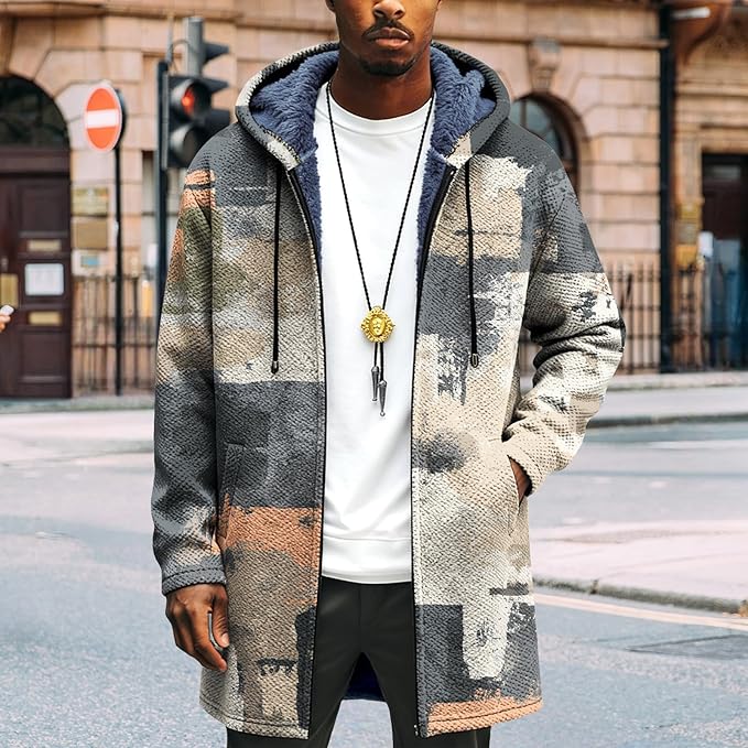 Mens Long Cardigan Hoodies Full Zip Fleece Lined Jackets Fashion Knitted Color Block Hooded Coat with Pockets
