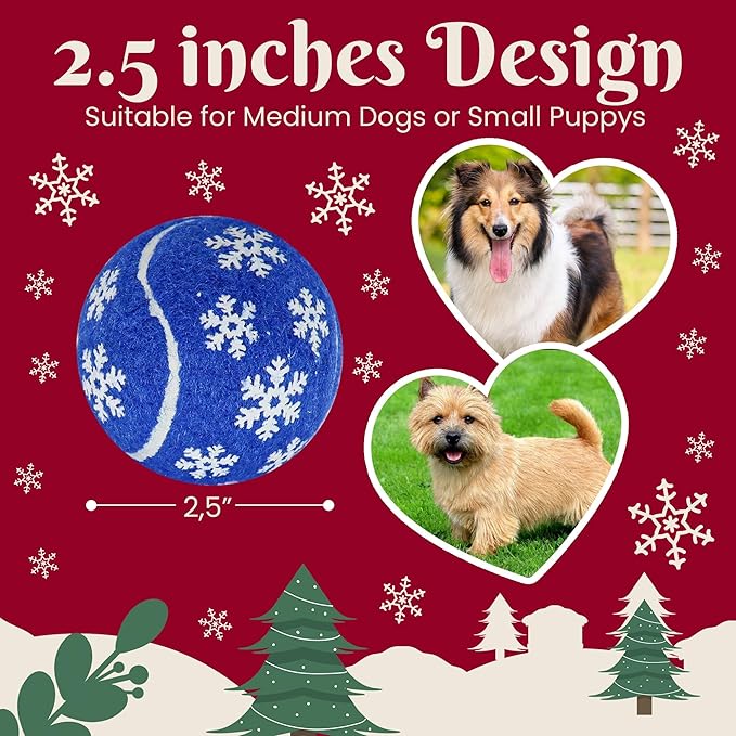 Christmas Dog Balls Toys, 6 Pack 2.5'' Squeaky Tennis Balls for Dogs | Idea Gift for Puppy Birthday & Christmas Decoration & Stocking Stuffers, Small Medium Large Breeds