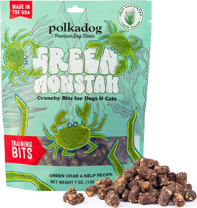 Polkadog Green Crab & Kelp Crunchy Training Bits – All Natural, Limited Ingredient Healthy Training Treats for Dogs. Handcrafted & Made in USA. High in Omega-3 – 7oz