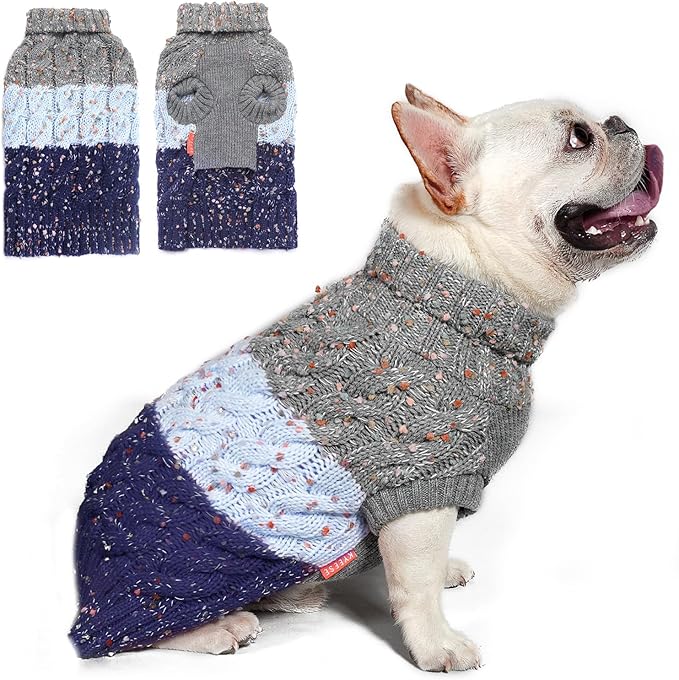 KYEESE Dog Sweater Color Block with Fuzzy Thread Knitted Turtleneck Dog Knitwear with dots in a Variety of Colors for Small Dogs Fall Winter Dogs Clothes, Navyblue, L