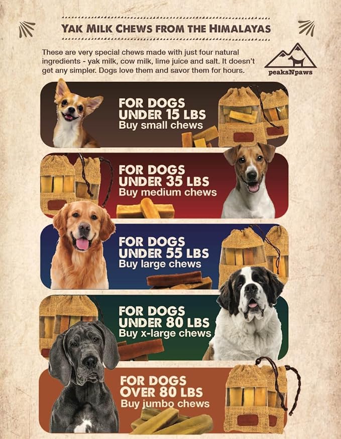 peaksNpaws Himalayan Yak Chews, High Protein Dog Treat for Aggressive Chewers, Natural, Long Lasting, Lactose Free Chew Stick for Pet Under 35 lbs, 6 Medium Treats, 100% Eco-Friendly Packaging