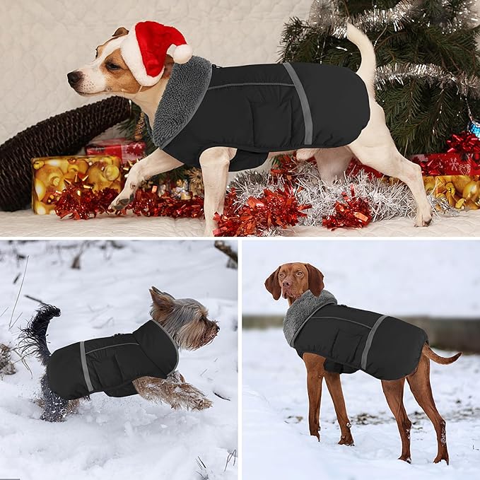 Dogcheer Warm Dog Coat, Waterproof Dog Jacket Christmas Puppy Winter Coat with Buckle, Reflective Adjustable Pet Snow Jacket Turtleneck Fleece Sweater for Small Medium Large Dogs - Black, L