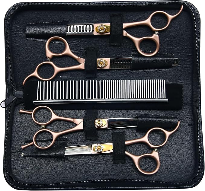 7 Inch Professional Dog Grooming Scissors Kit, 6-in-1 Grooming Scissors for Dogs, Pet Grooming Shears Set, Straight Scissor & Thinning Shear & Curved Scissor & Chunker Shear (Rose Gold)