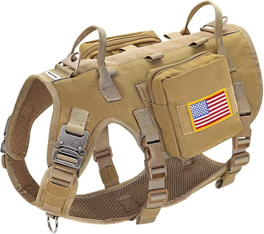 Forestpaw Dog Harness Medium Sized,Tactical Dog Harness with Handle,No Pull Military Style Service Dog Vest with Pockets Adjustable for Medium Dogs,Brown,Chest 21.5-45"