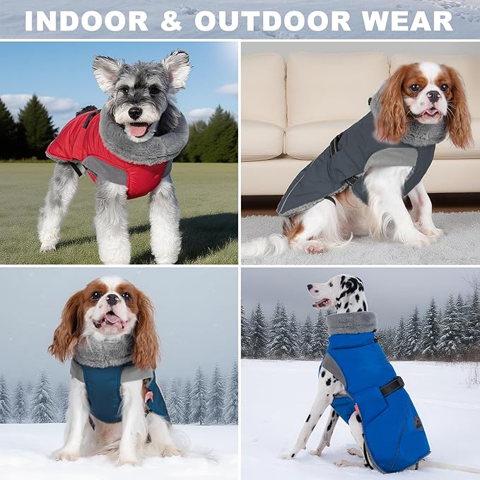 KYEESE Waterproof Dog Coat, Warm Windproof Jacket, Turtleneck Winter Dog Coats for Small Dogs with Leash Hole, Reflective Pet Clothes & Outdoor Apparel, Thick Fleece-Lined Winter Jacket, Gray, Large