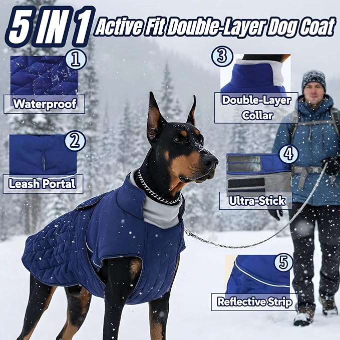 Outdoor Classic Quilted Upgraded Dog Winter Coat, Waterproof & Ultra Warmth Coats for Extra Large Dogs, Easy On & Off Jacket Chest Adjustable, Thick Pet Clothes for Great Dane Doberman(Blue,3XL)