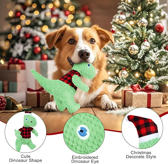 Christmas Dog Toys, Plush Stuffed Green Dinosaur Animals Toy, Squeaky Dog for Small Dogs, Interactive Dog Toys for Tug-of-War