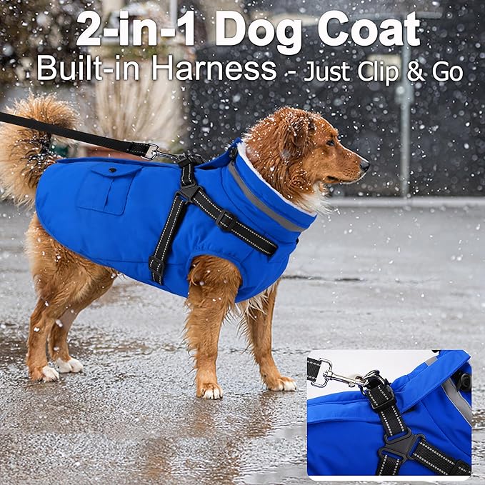 Dogcheer Dog Coat with Harness, Waterproof Warm Dog Winter Jacket with Pockets, Reflective Pet Fleece Jacket Turtleneck Snowsuit for Small Medium Large Dogs - Blue, M