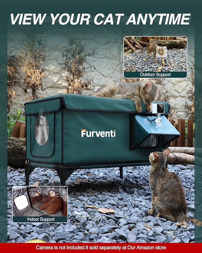 Outdoor Heated Cat House in Winter,Extremely Insulated & Weatherproof,Elevated Feral Cat Shelter with Waterproof Eaves & Escape Door for Outside Stray Barn Cat (Dark Green,S)