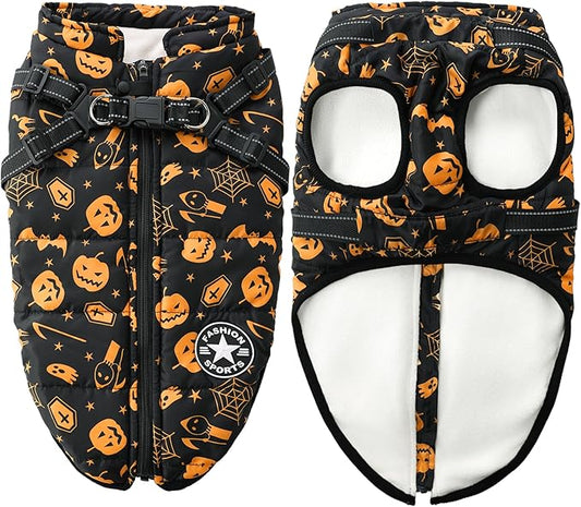 Aiboria Winter Dog Coat Windproof Fleece Jacket with Chest Strap Dog Vest Harness Halloween Black M