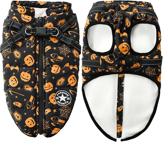 Aiboria Winter Dog Coat Windproof Fleece Jacket with Chest Strap Dog Vest Harness Halloween Black S