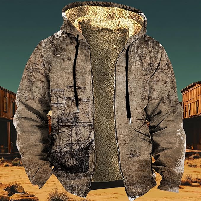 Men's Zip Up Jackets Western Style Ethnic Hoodie Hooded Vintage Long Sleeve Warm Coat Winter Outfits