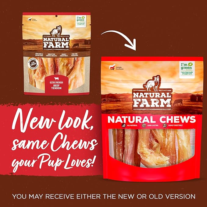 Natural Farm Extra-Thick Beef Tendons (9-12 Inch, 12 Pack), Natural Chondroitin and Collagen: Supports Healthy Joints, Great for Dental Health – Made & Packaged, All Dog Sizes