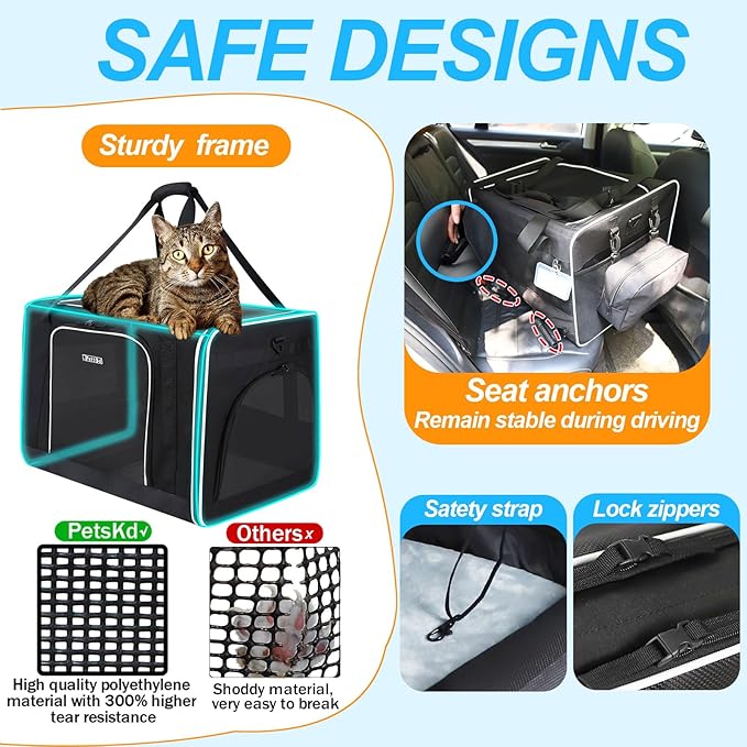 Petskd Extra Large Cat Carrier with Wheels and Litter Box 24"x17"x17" for Large Cat or 2 Small Cats, Collapsible Soft Sided Pet Carrier for Car Travel with Lockable Safety Zippers(Black)