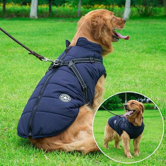 Aiboria Dog Jackets for Winter Windproof Waterproof 2 in 1 Outfit Cold Weather Coat Dog Vest Harness Puppy Winter Warm Jacket Large Blue 3XL