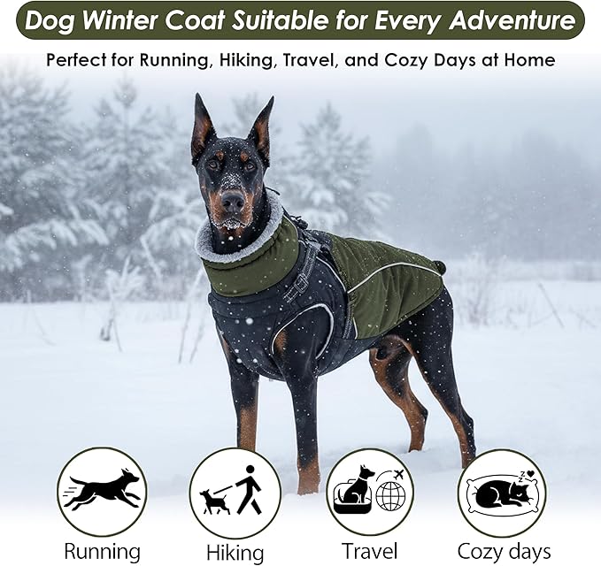 ASENKU Reflective Dog Coat with Built-in Harness, Windproof Fleece-Lined Dog Jacket for Small, Medium, Large Dogs, Warm Winter Vest with Turtleneck & Zipper (Green M)