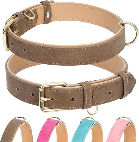 Leather Dog Collar for Small Medium Large Dogs, Soft Padded Dog Leather Collar with Heavy Duty Gold Buckle, Durable & Comfortable for Large Dogs Daily Walking (Light Brown, L)