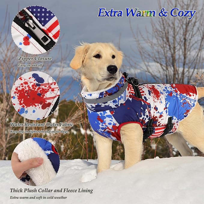 Dogcheer Dog Winter Coat, American Flag Dog Jacket with Harness, Adjustable Puppy Coat with Zipper, Waterproof Pet Fleece Jacket Snowsuit for Small Medium Large Dogs - US Flag XS
