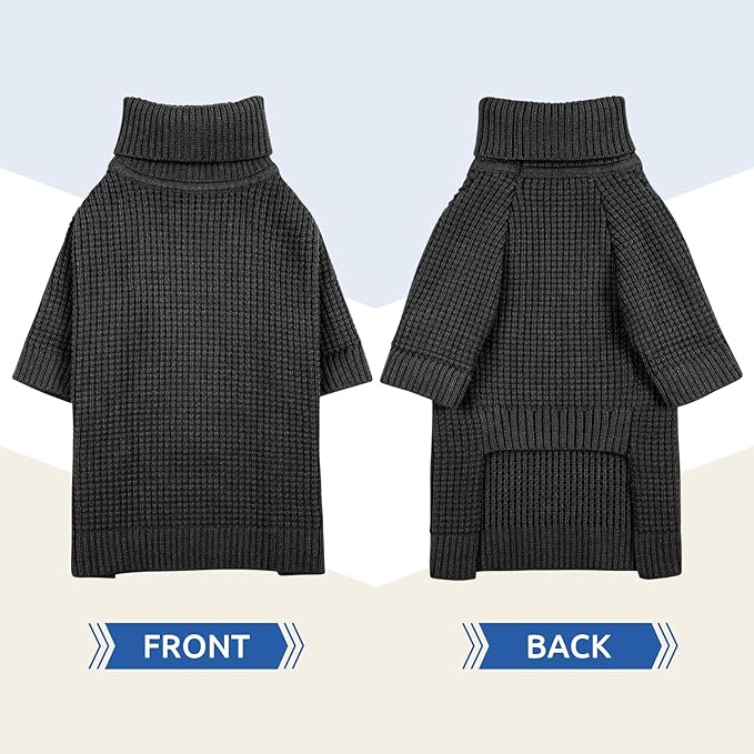 Queenmore Turtleneck Long Sleeve Knitted Dog Sweater With Check Pattern, Fall Winter Warm for Small Medium Large Dogs, Solid Pull-on Pet Sweater for Cats, Charcoal Gray L