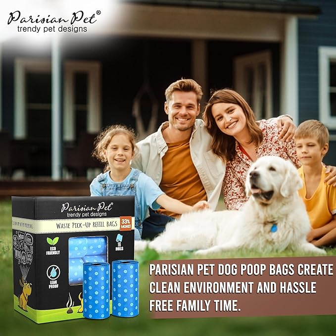 Parisian Pet Ecofriendly Dog Poop Bags Rolls - 320 Count Unscented Poop Bags For Dogs - Leakproof, Extra Thick, 16 Dog Waste Bags Refill Rolls - Polka Dot Blue Doggie Poop Bags - Fits All Dispenser