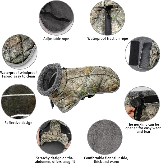Fragralley Dog Coat Large, Waterproof Dog Jacket with Warm Fleece Lining, Adjustable Reflective Dogs Winter Coat, Turtleneck Pet Coats for Cold Weather (Reed Camouflage XXXL)