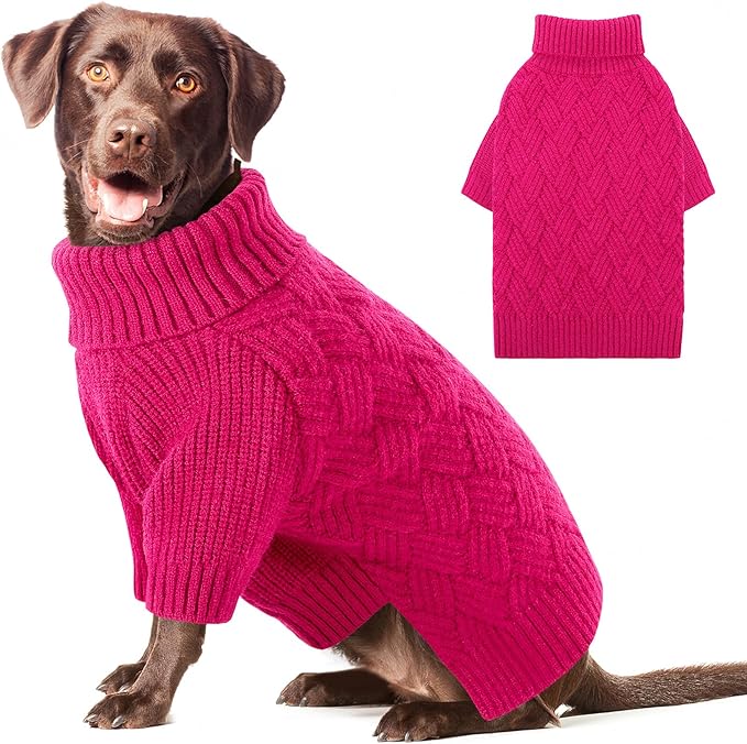 AOFITEE XXL Dog Sweater, Christmas Sweaters for Large Dogs, Warm Turtleneck Dog Sweater for Fall Winter Cold Weather, Solid Dogs Knit Sweatshirt for Golden Retriever, Labrador, Doberman (Rose Red)