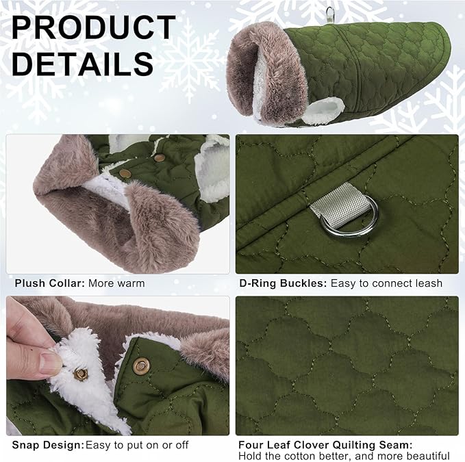 BEAUTYZOO Winter Dog Coat with Harness Built in, Warm Dog Puffer Jacket Vest Padded Fleece Cold Weather Coats Windproof Waterproof Snow Jackets Clothes for Small Medium Puppy, Green XS