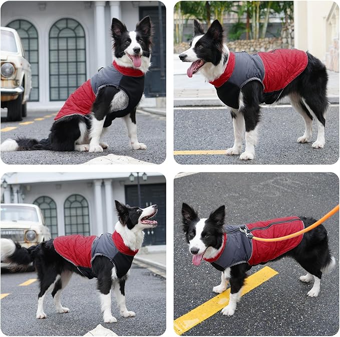 Warm Fleece Dog Coats for Medium Dogs,D-Rings Waterproof Puppy Jacket for Cold Winter,Red L