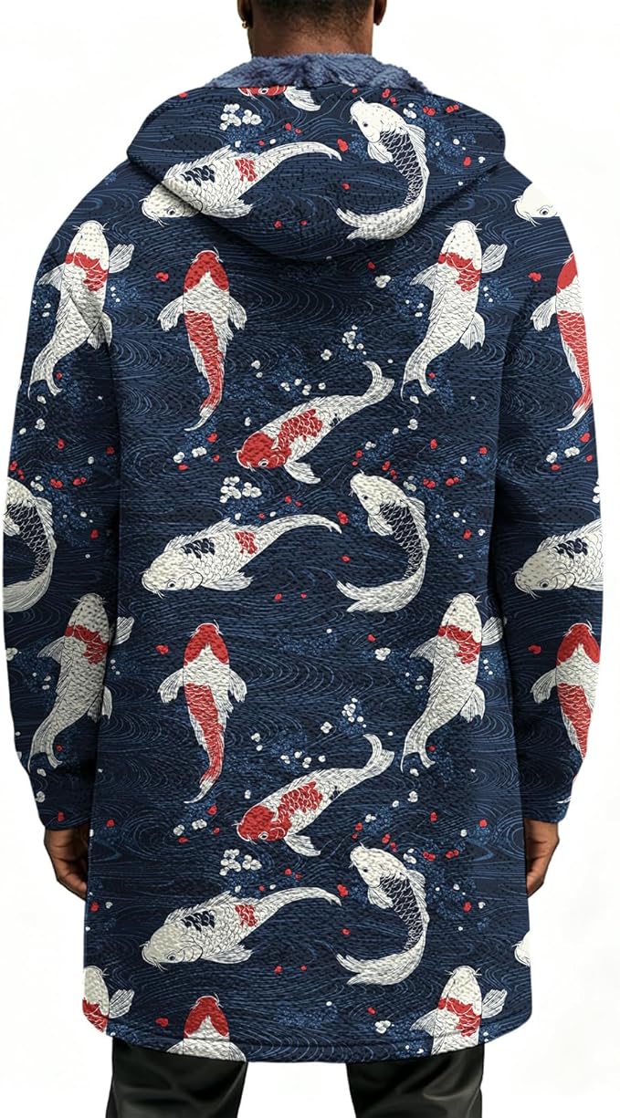 Mens Long Cardigan Hoodies Full Zip Fleece Lined Jackets Fashion Knitted Color Block Hooded Coat with Pockets