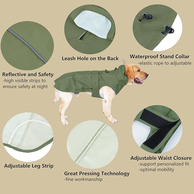 Adjustable Waterproof Dog Raincoat for Dogs,Lightweight Pet Rain Jacket Puppy Clothes with Reflective Strip for Small Medium Large Dogs (Army Green, Medium)