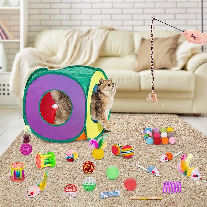Retro Shaw Cat Toys Bundle 33 Pack, Interactive Kitten Toys for Indoor Cats Kitty with Collapsible Play Tunnel Tube Tent Feather Wand Teaser Bell Fuzzy Ball Springs Mouse Toy