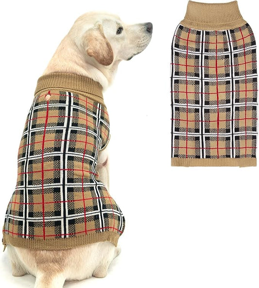 PUPTECK Dog Sweaters for Large Medium Small Dogs - Fall Classic Plaid Style Puppy Holiday Winter Coat Clothes Warm, Cream, XL